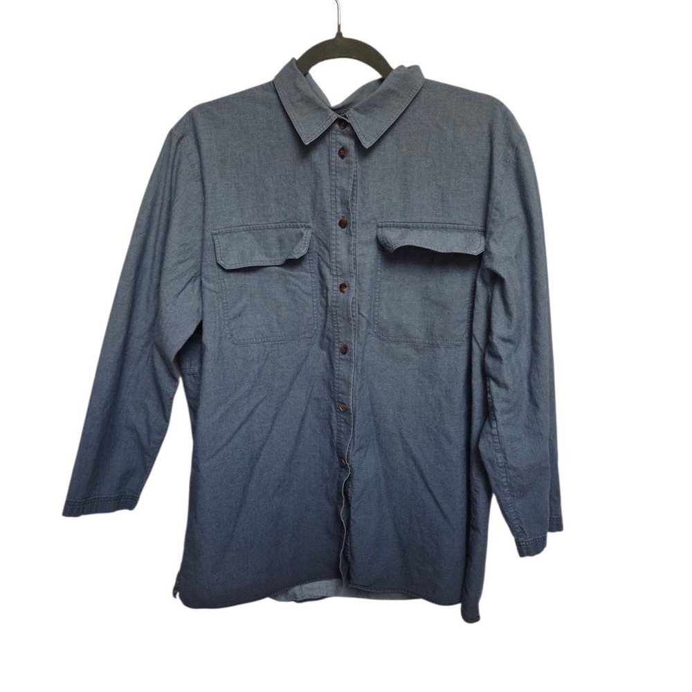 Lafayette 148 New York Blue Chambray Denim Button Down Shirt Large Utility